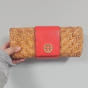Tory Burch Tan and Red Woven Clutch
